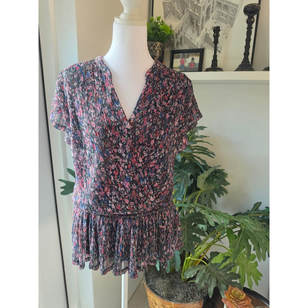 Anthropologie Dionne‎ Metallic Floral Pleated Peplum Blouse Size M Faux Wrap